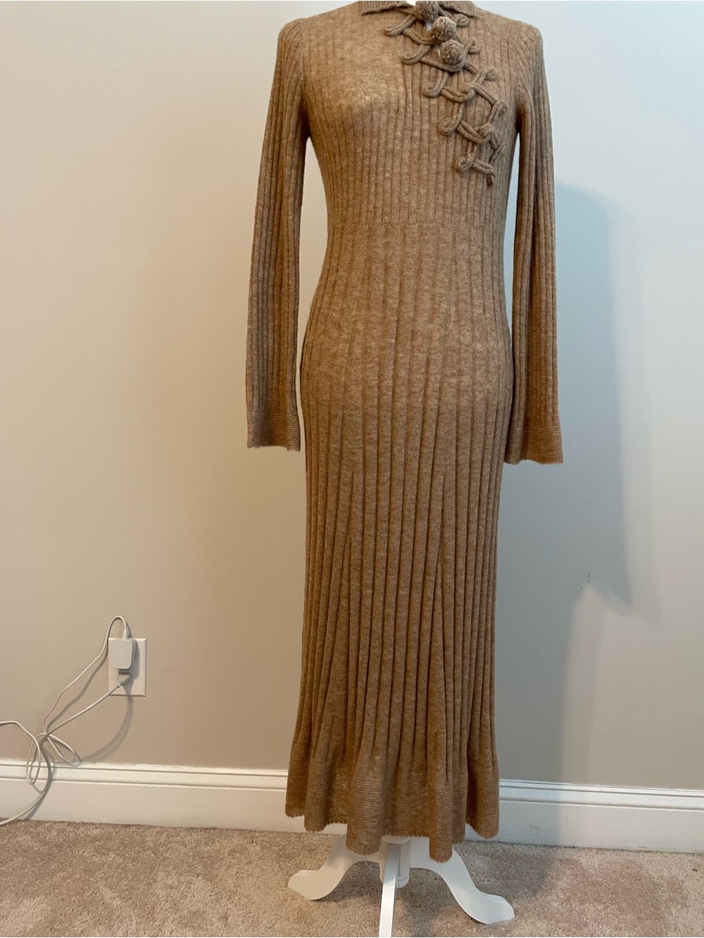 Ulla Johnson Tan Ribbed Knit Maxi Dress with Decorative Knot Detail